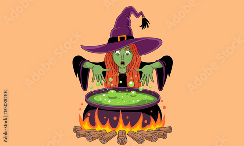 A stunning witch with long red hair and a flowing robe leans over her cauldron, deep in thought as she concocts a mysterious potion, capturing the magic of Halloween.