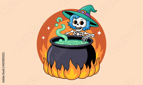 A skeleton witch cheerfully stirs a glowing cauldron, embodying the fun and charm of Halloween, with magical bubbles creating an enchanting atmosphere.