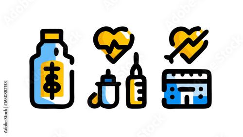 Various vibrant healthcare and medical services icons illustrating essential concepts like health, travel, finance, and appointments