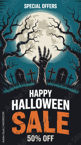 This chilling Halloween sale poster showcases a macabre hand rising from the earth amidst a graveyard scene, under a mesmerizing full moon, perfect for spooky promotions.