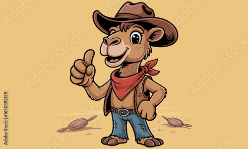 This adorable cowboy camel, complete with a bandana and cowboy hat, presents a positive thumbs up gesture, perfect for children's media and playful branding concepts.