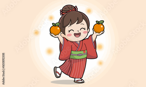 This joyful girl in traditional kimono dances happily, holding two oranges in her hands, embodying cultural vibrance and excitement during festival celebrations in a cheerful setting.