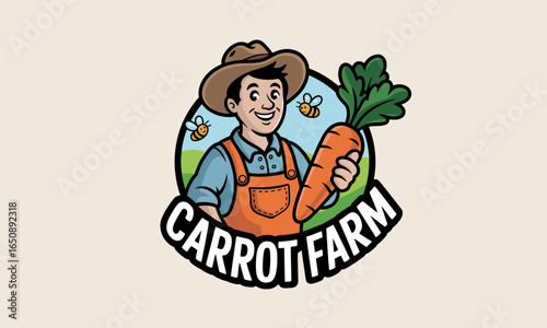 A lively farmer joyfully holds a large carrot amongst bees and nature, capturing the essence of farming and nature-friendly practices in a delightful graphic.