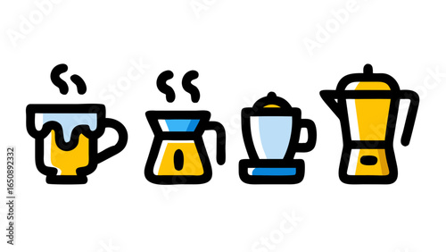 Stylized modern coffee icons depicting a hot steaming cup, a pour-over, a French press, and a classic moka pot.