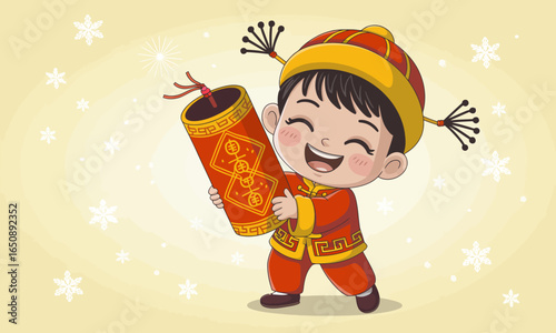A happy child in bright traditional attire joyfully holds a traditional firecracker, symbolizing celebration and cultural values during festive occasions in a lively art style.