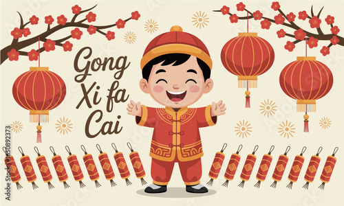 An exuberant boy in traditional attire stands amidst decorative lanterns, showcasing a spirit of joy, culture, and celebrations associated with Chinese New Year.