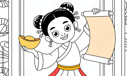 A delightful young girl cheerfully holds a scroll and a gold ingot, representing wealth and joy, set amidst a beautifully designed backdrop of decorative elements.