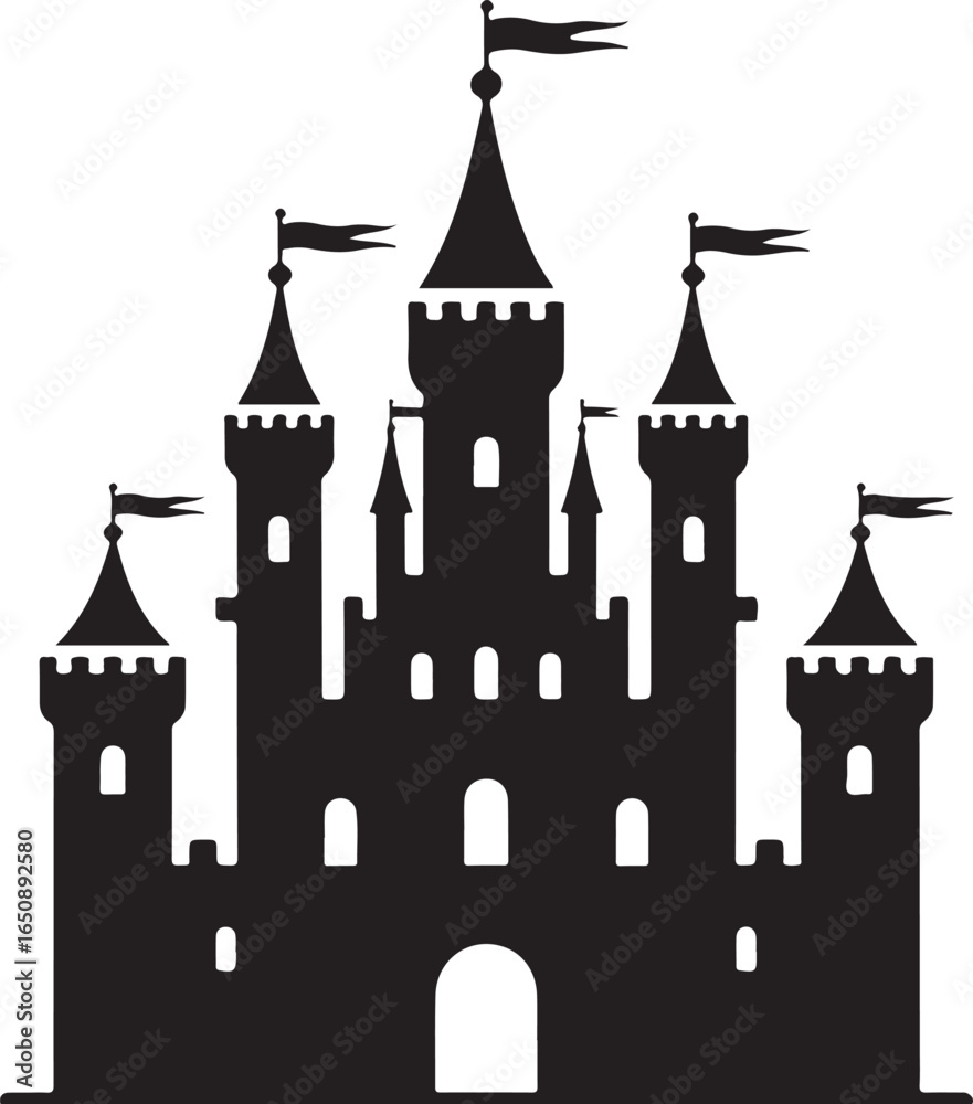 Obraz premium Majestic fairy tale castle silhouette with waving flags