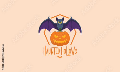 A creative Halloween-themed logo featuring a bat atop a carved pumpkin, symbolizing the mysterious and haunted essence of Halloween in a fun, playful way.