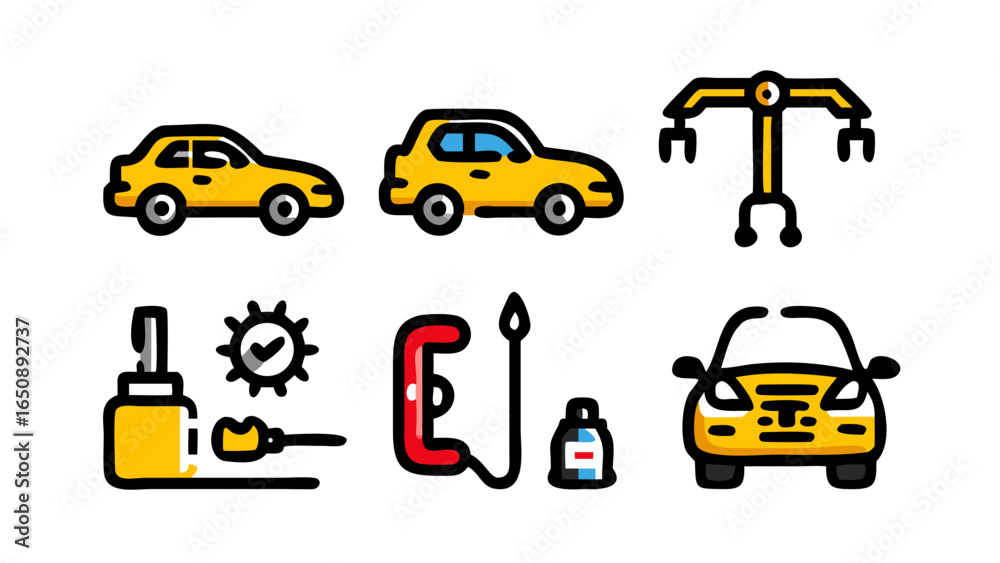 Naklejka premium A comprehensive set of colorful flat line icons representing various essential aspects of car maintenance and vehicle service tasks