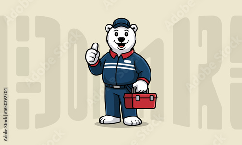 A smiling polar bear in a service uniform holds a toolbox and gives a thumbs-up, radiating confidence and professionalism, ideal for representing service industry concepts.
