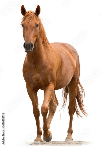 A light brown horse striding forward against a white background
