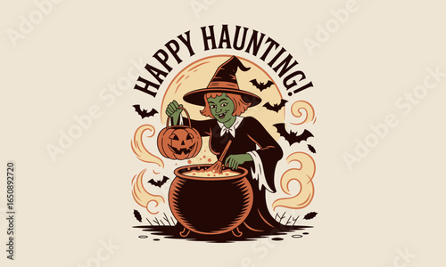 This enchanting witch happily brews a potion while holding a jack-o'-lantern, surrounded by swirling winds and bats under a mystical full moon, perfect for Halloween themes.