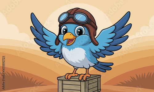 A delightful blue bird wearing aviator goggles spreads its wings joyfully atop a wooden box, set against a golden sunset that highlights its buoyant character and adventurous spirit.