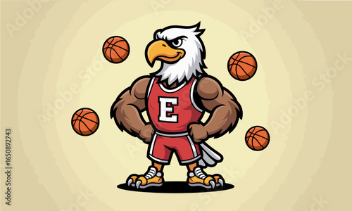 A dynamic eagle mascot skillfully balances basketballs while showcasing athleticism in a red sports outfit, capturing the energy and excitement of sports.
