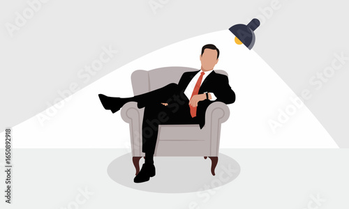 A relaxed man sits in a lightened chair, exuding confidence and calm, surrounded by soft illumination that enhances the sense of comfort and simplicity in his environment.