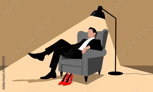 A refined man in a tailored suit lounging in a chic armchair while stylishly resting red high heels by his side, emanating calm and confidence amidst a minimalist backdrop.