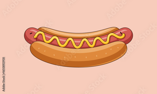 This image showcases a vibrant hot dog with mustard, perfectly resting on a soft bun against a subtle pink background, capturing a classic food element in a playful style.