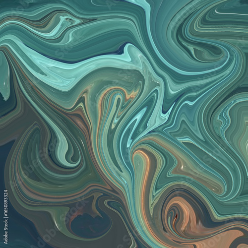 Abstract teal and copper swirl artwork with flowing liquid marble texture, modern fluid art background, perfect for design, wallpaper, and creative decoration. Golden keywords included.