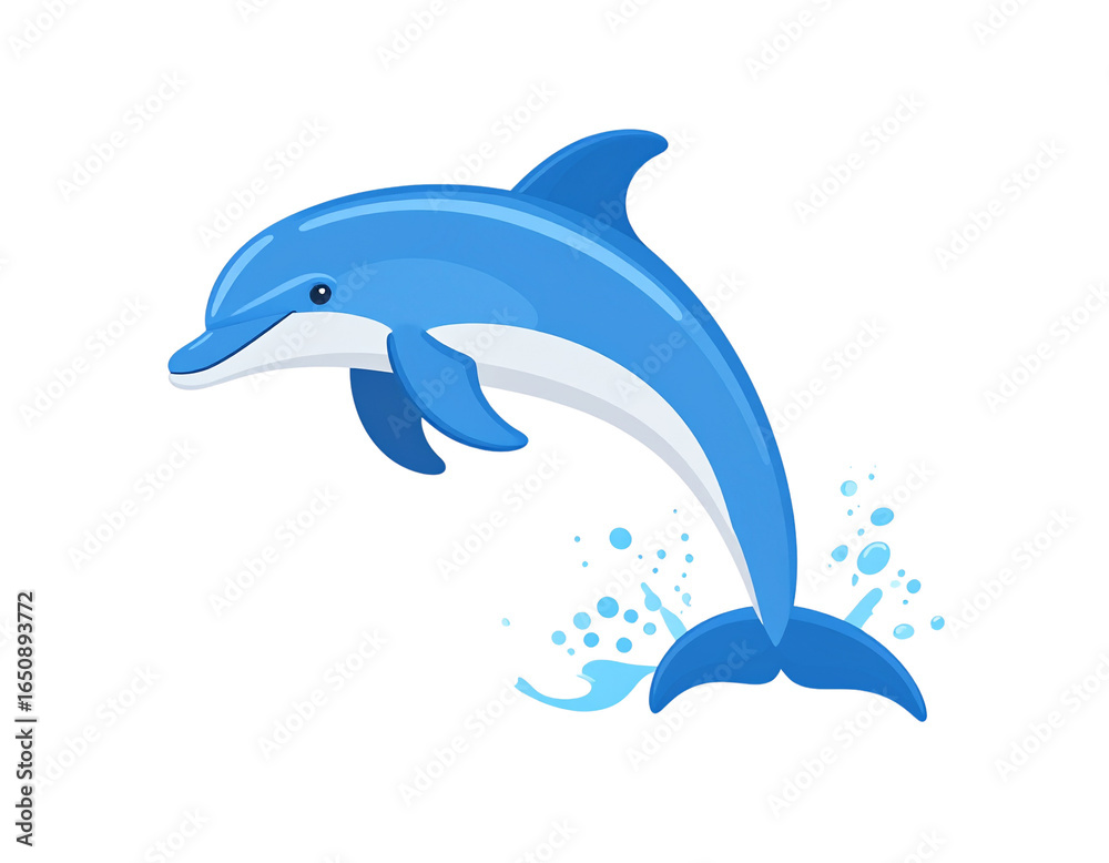 Obraz premium Playful blue cartoon dolphin with a white belly jumping in an arch creating water splashes.
