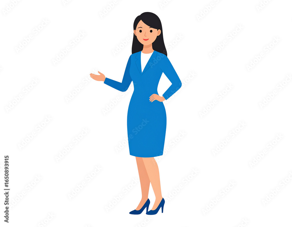 Professional businesswoman in a blue suit with a welcoming presentation gesture. Professional businesswoman in a blue suit with a welcoming presentation gesture.
