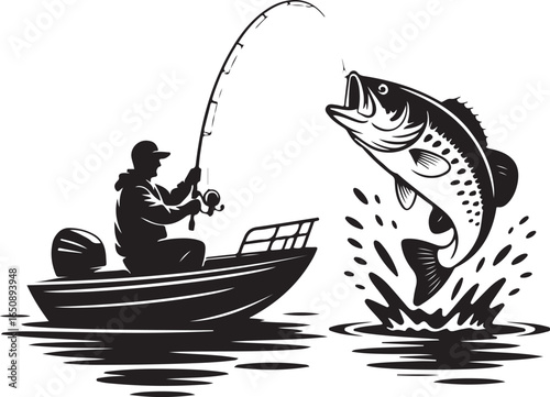 Man fishing from boat catches leaping bass