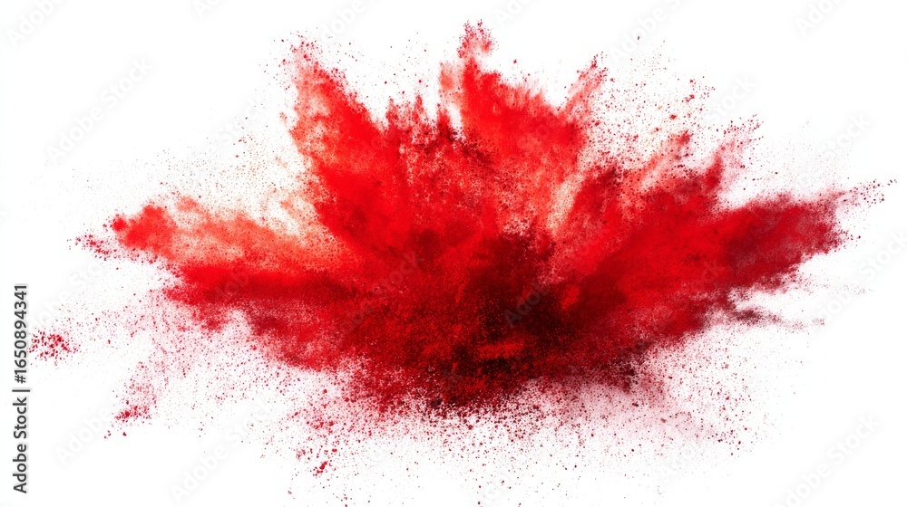A dynamic burst of red powder spreads explosively against a white background, A dynamic burst of red powder spreads explosively against a white background,
