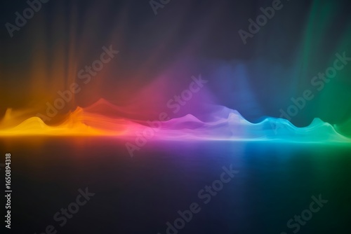 Vibrant abstract spectrum of light waves flows across a dark, reflective surface creating a modern, energetic visual.