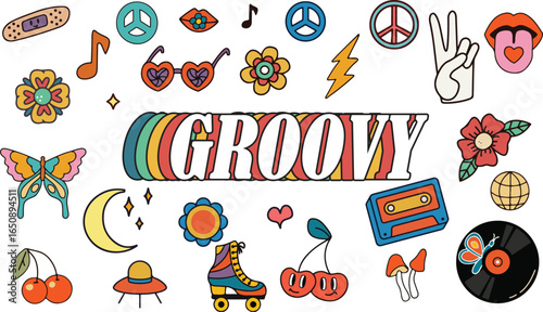 Funny psychedelic trendy 70s elements flat vector symbols 