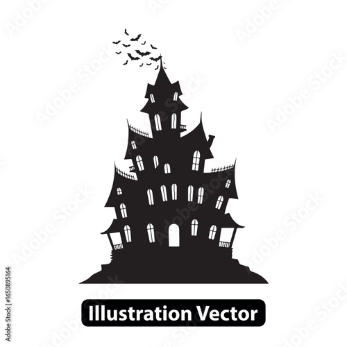 Silhouette of a Haunted House with Bats Flying, Illustration Vector