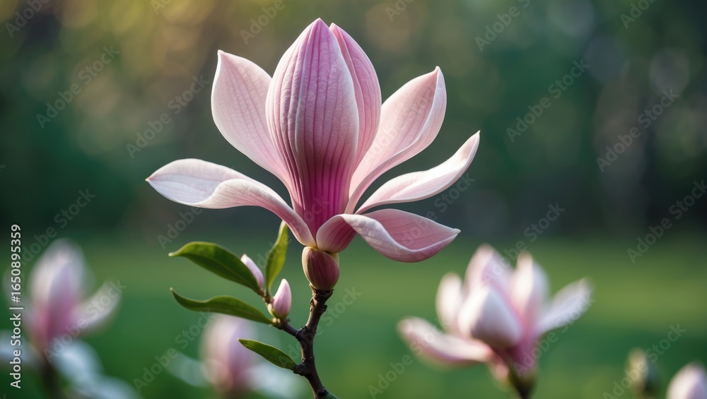 Fototapeta premium A pink magnolia flower blooming with green blurred background.