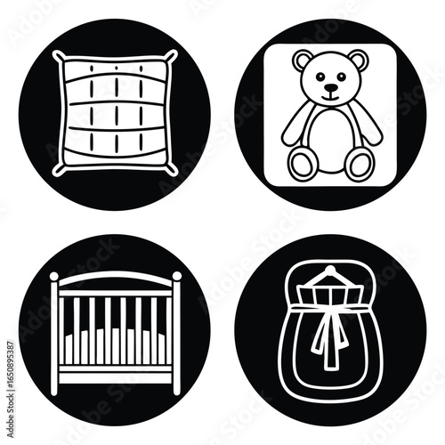 Set of four simple black and white icons representing baby items including a crib a teddy bear a pillow and a diaper bag