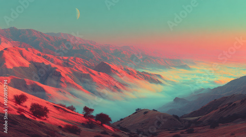 Surreal mountain landscape with vibrant pink and orange hues, misty valleys, crescent moon