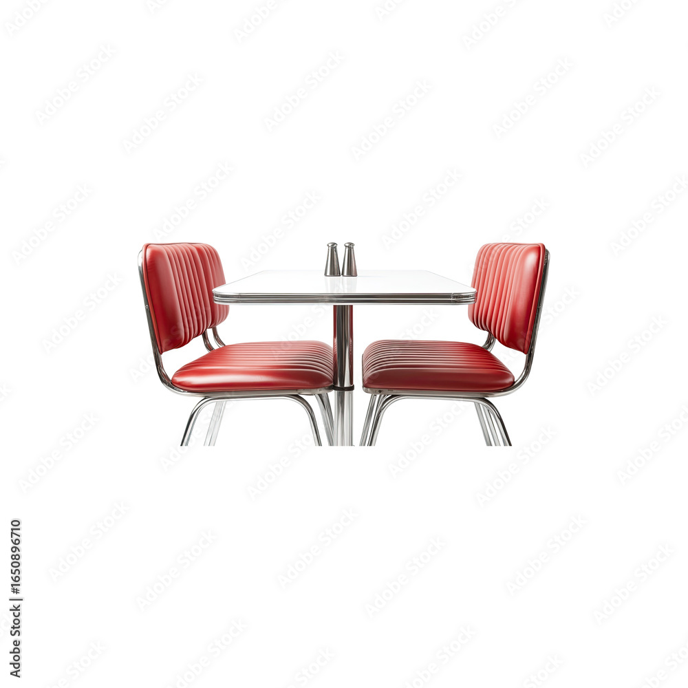 Fototapeta premium Red vinyl seats frame polished white table retro diner furniture isolated on white background