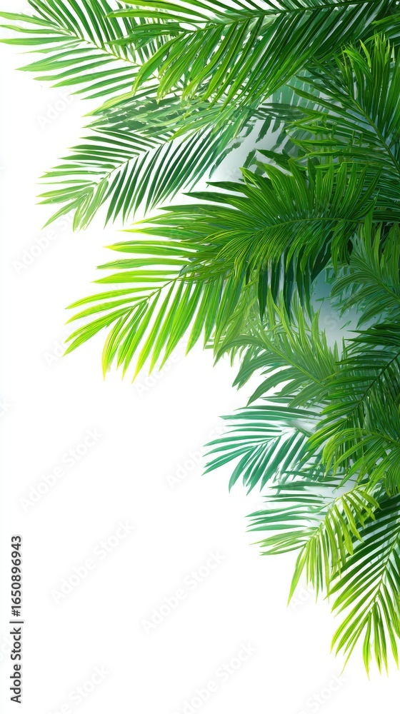 Fototapeta premium Tropical palm fronds frame a white background