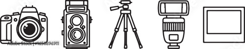 Vector art of collection of photography equipment including a dslr camera, twin lens reflex camera, tripod, flash, and photo frame, isolated on white background