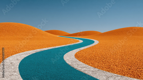 Winding blue river flows through orange sand dunes clear blue sky, creating surreal desert