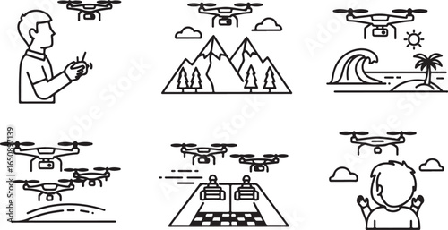 Vector art of collection of drone usage icons person controlling drone, drone over mountains, drone over island beach, drones over landscape, drones over road, drone watching