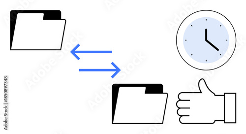 File folders connected with arrows, clock indicating time management, hand showing approval or success. Ideal for workflow, productivity, data transfer, efficiency, teamwork, time-saving simple