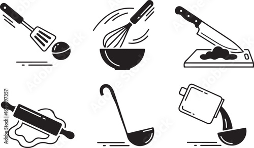 Vector art of collection of kitchen utensils and cooking tools, including a spatula, whisk, knife, rolling pin, ladle, and pouring container, isolated on a white background