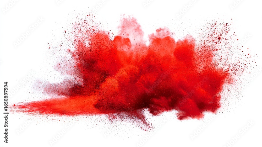 A dynamic explosion of vibrant red powder creates an energetic visual effect with dispersed particles suggesting movemen A dynamic explosion of vibrant red powder creates an energetic visual effect with dispersed particles suggesting movemen