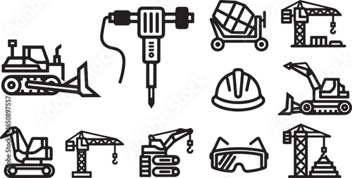 Vector art of collection of construction equipment icons including a bulldozer, jackhammer, cement mixer, crane, excavator, safety helmet, and goggles, symbolizing building and development