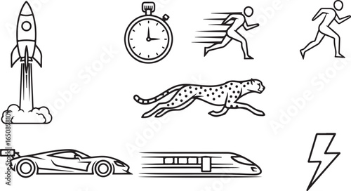 Vector art of collection of speed icons including a rocket launching, stopwatch, running man, cheetah, sports car, bullet train, and lightning bolt, isolated on white background