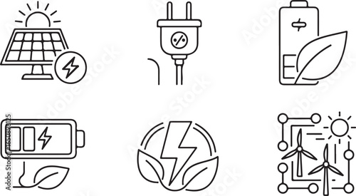Vector art of set of renewable energy icons including solar panel, battery, plug, and wind turbine, symbolizing clean and sustainable power generation, isolated on white background