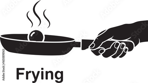 Vector art of a black and white illustration of a hand holding a frying pan with a single item being fried, emitting steam, with the word frying below it, isolated on white background
