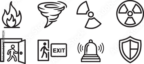 Vector art of collection of emergency and safety icons including fire, tornado, radiation, exit, alarm bell, and shield, isolated on white background