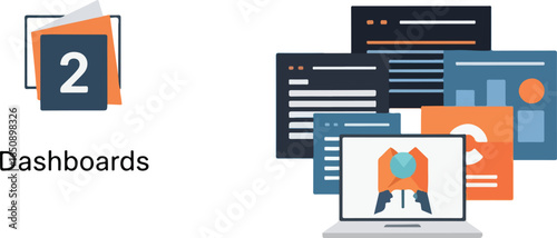 Vector art of modern digital dashboard concept with data analytics, reports, and business metrics displayed on screens and a laptop, representing business intelligence and performance tracking