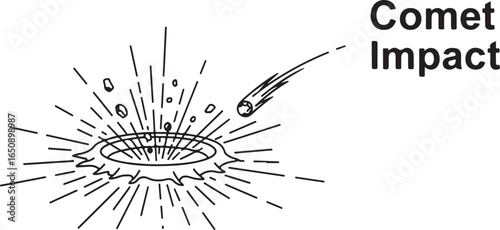 Vector art of comet impact event, illustration of a celestial body striking the earth, causing an explosion and debris, isolated on white background