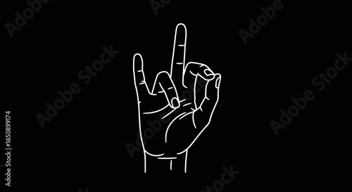 White hand gesture showing rock sign on black background with copy space