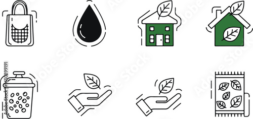 The illustration depicts a businessman sitting at a computer desk, working with a vector set of recycling icons
